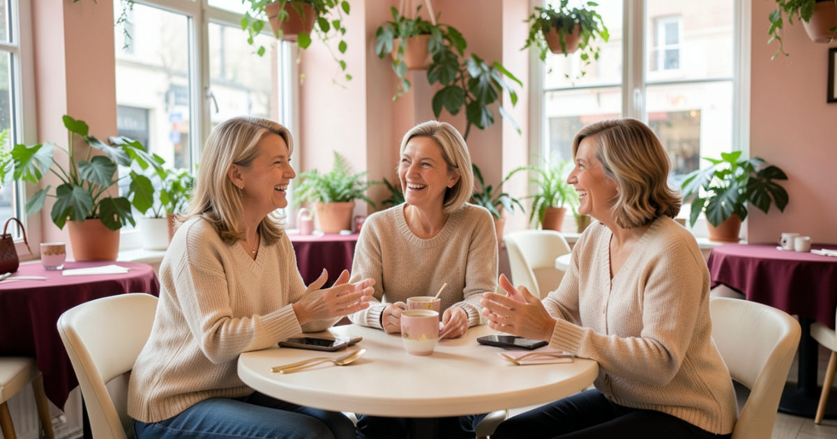 Amigas maduras rindo à vontade em um café