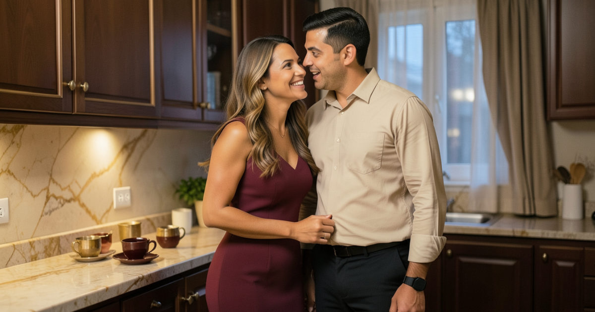 Mulher sorrindo, abraçada ao parceiro numa conversa leve na cozinha