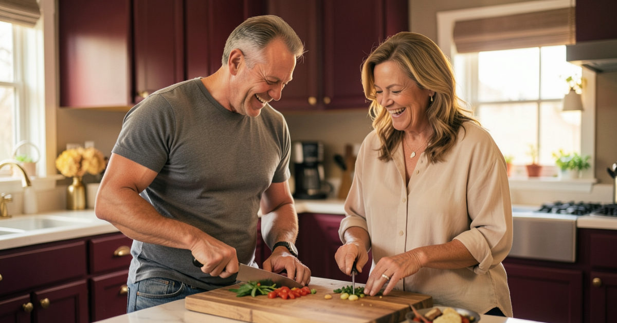 Casal cozinhando junto e rindo, em clima leve na cozinha