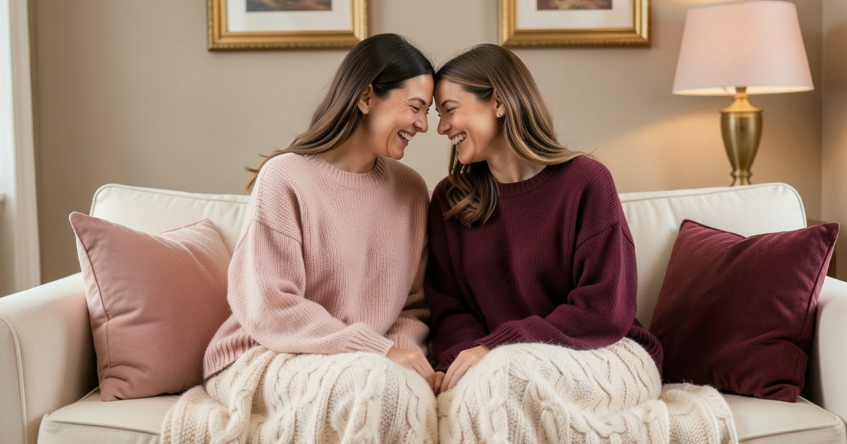 Casal de mulheres rindo juntas no sofá, dividindo uma manta