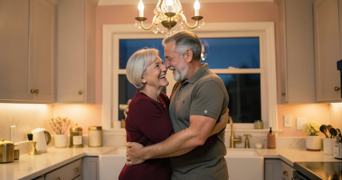 Casal na faixa dos 60 anos abraçado e rindo na cozinha, em um momento de carinho