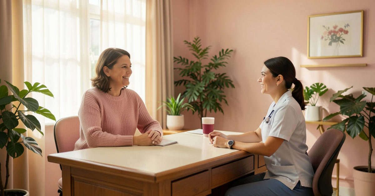 Mulher conversando com uma profissional de saúde em um consultório claro antes de começar o treino