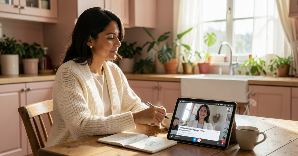 Mulher assistindo a um curso gravado no tablet, com café, no próprio ritmo