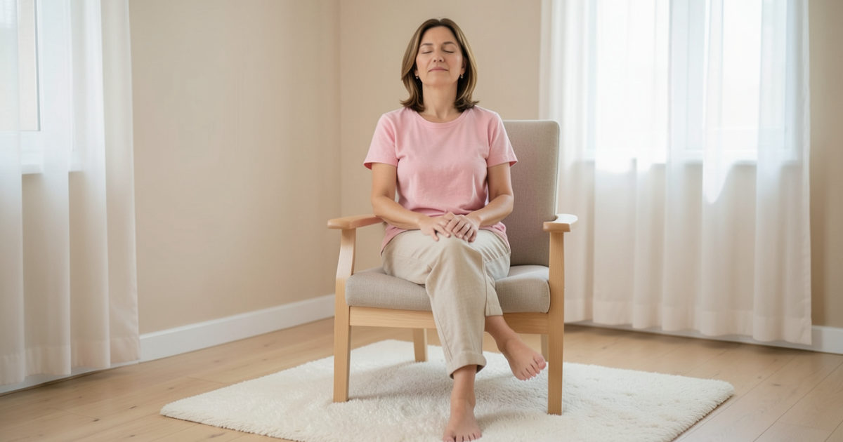 Mulher sentada com a coluna alongada fazendo um exercício de respiração e percepção corporal