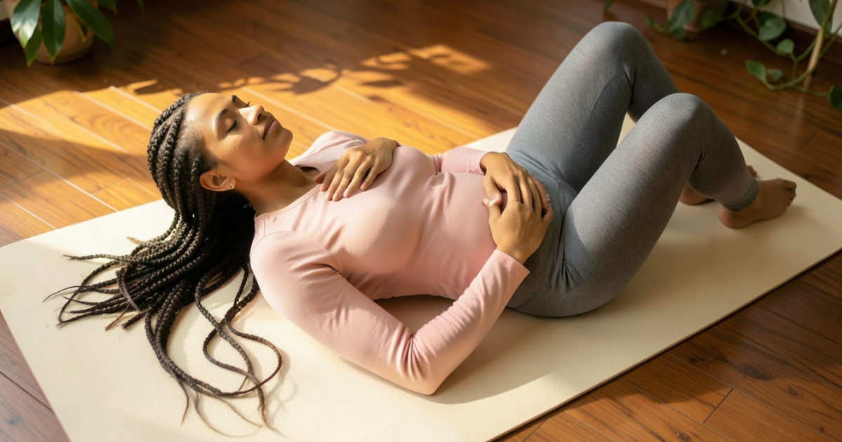 Mulher deitada com os joelhos dobrados, respirando com calma antes do treino do assoalho pélvico