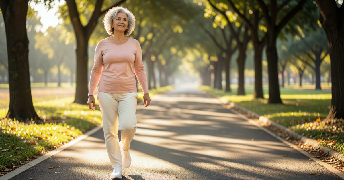 Mulher madura caminhando sorridente no parque, cuidando do corpo com leveza