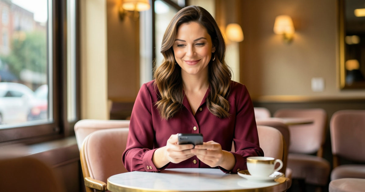 Mulher sorrindo com malícia enquanto escreve uma mensagem no celular