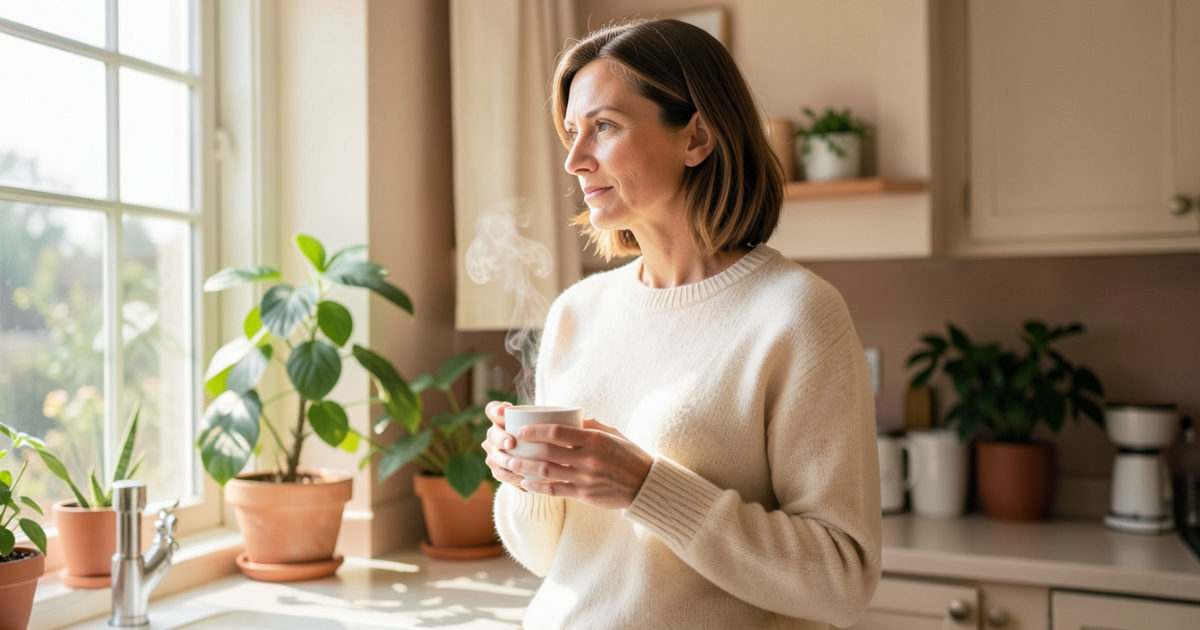 Mulher com uma xícara de café olhando pela janela, em um momento de reflexão