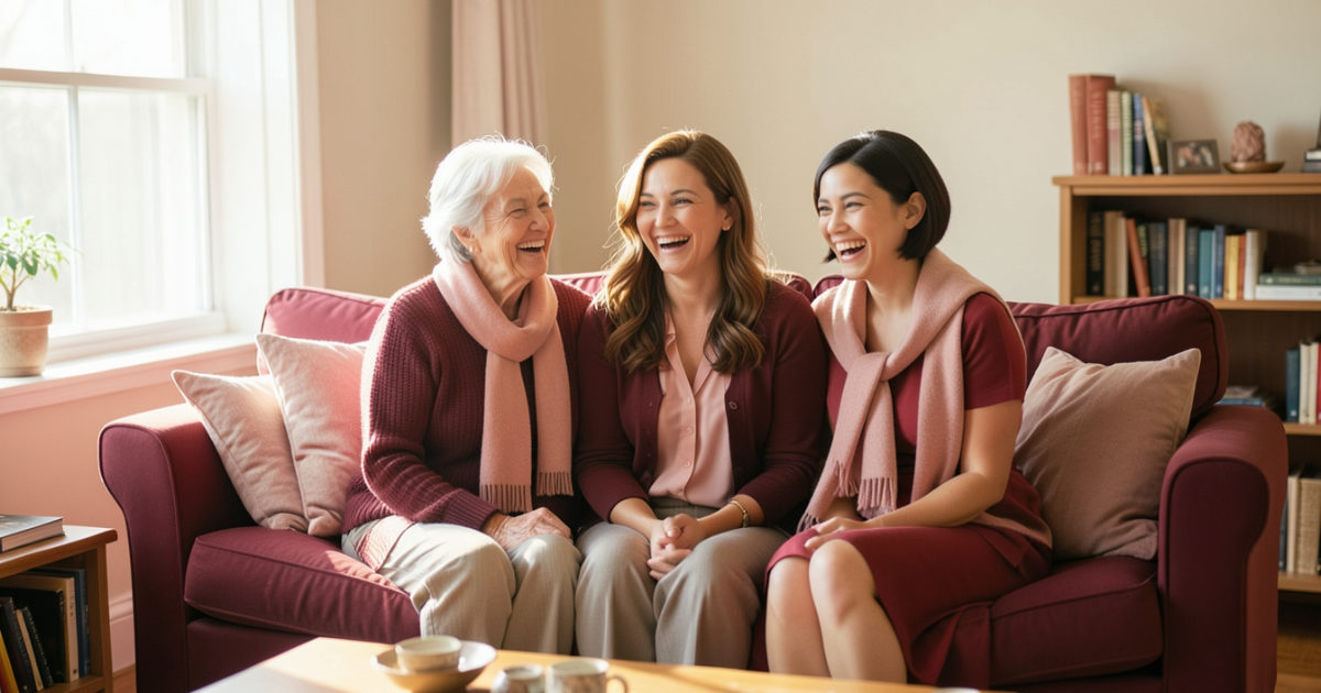 Três mulheres de idades diferentes rindo juntas no sofá