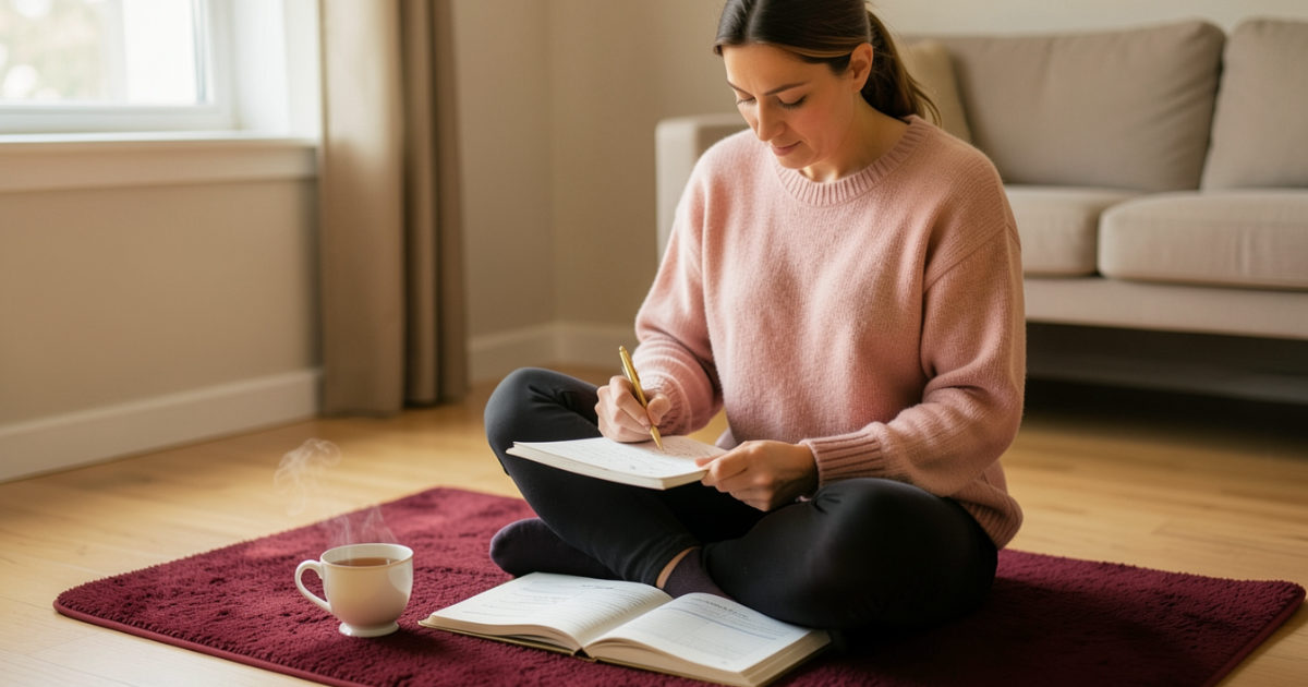 Mulher sentada no tapete anotando o plano de treino em um caderno