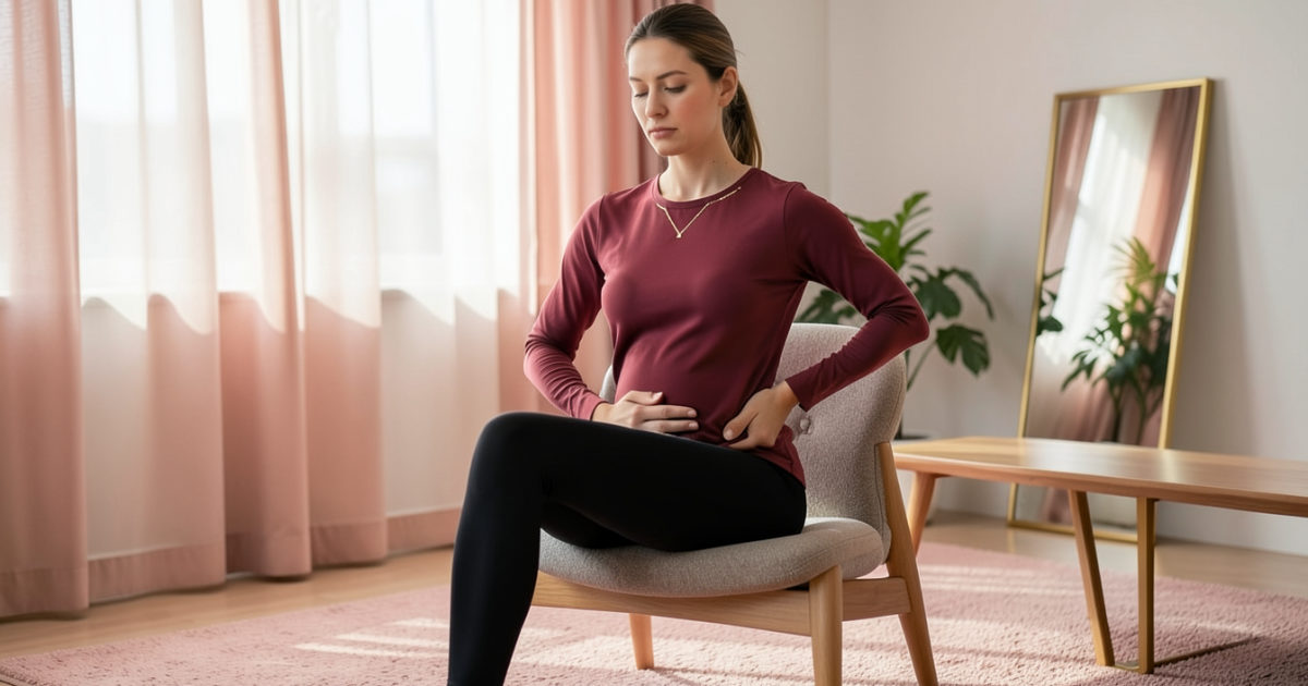 Mulher sentada na cadeira com uma mão na barriga e outra no quadril, conferindo o movimento durante o exercício